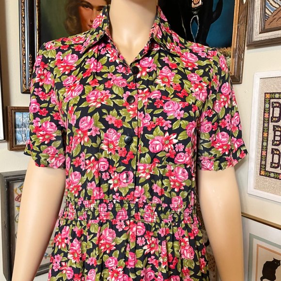 90s Vintage RJ Stevens Plus Size Pink Black Green Floral Short Sleeve Maxi Dress - Picture 2 of 5